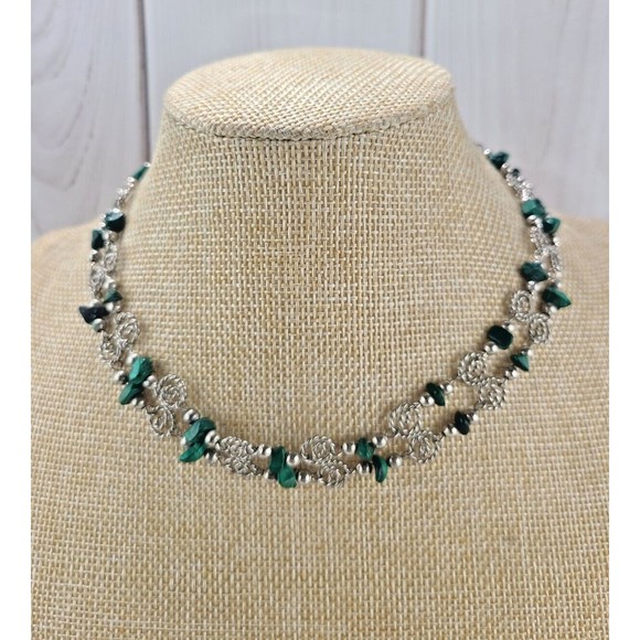 Silver-Tone Necklace Choker Malachite Gemstone Bead Chip  14.5" Length - Picture 1 of 5